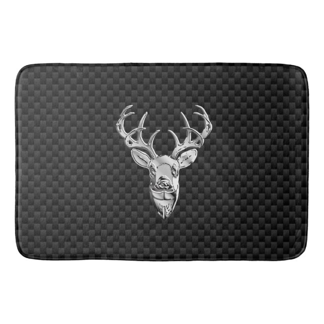 Silver Deer Buck on Carbon Fiber Style Print Bathroom Mat (Front)