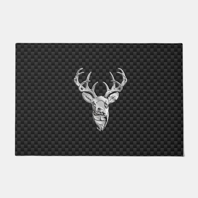 Silver Deer Buck on Carbon Fiber Style Print Doormat (Front)