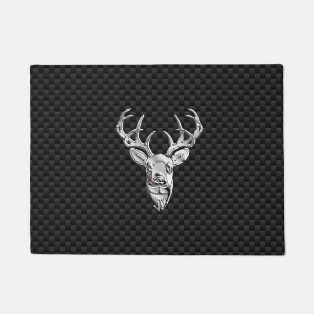 Silver Deer Buck on Carbon Fiber Style Print Doormat (Front)