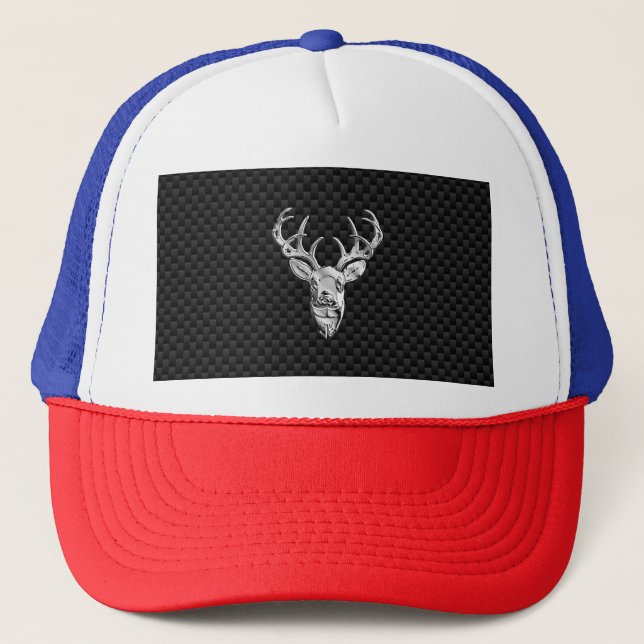 Silver Deer Buck on Carbon Fiber Style Print Trucker Hat (Front)
