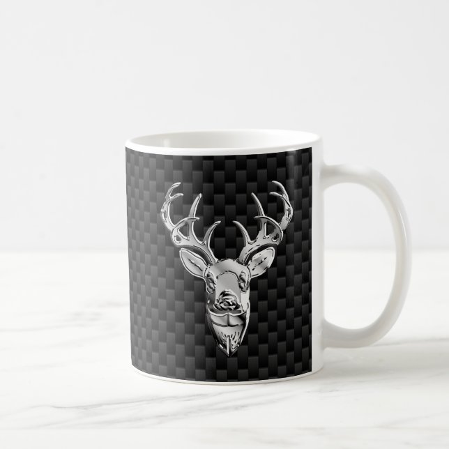 Silver Deer Decor on Carbon Fiber Style Print Coffee Mug (Right)