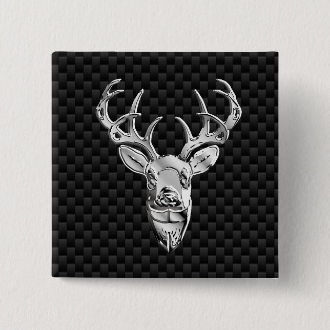 Silver Deer Decor on Carbon Fiber Style Print Pinback Button (Front)