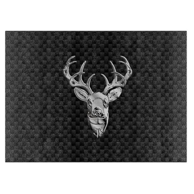 Silver Deer Design on Carbon Fiber Style Print Cutting Board (Front)
