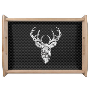 Silver Deer Design on Carbon Fiber Style Print Serving Tray