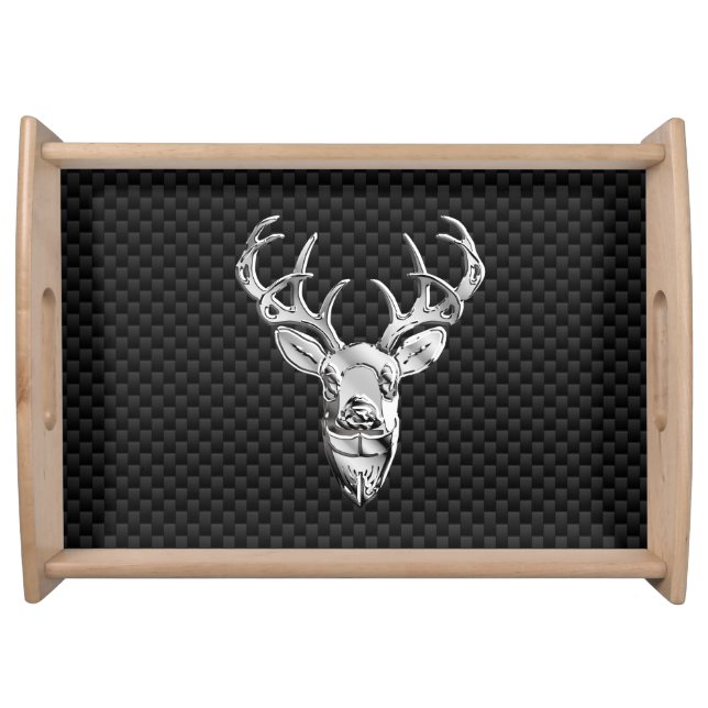 Silver Deer Design on Carbon Fiber Style Print Serving Tray (Front)