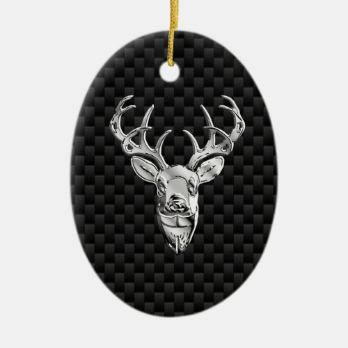 Silver Deer Face on Carbon Fiber Style Print Ceramic Ornament