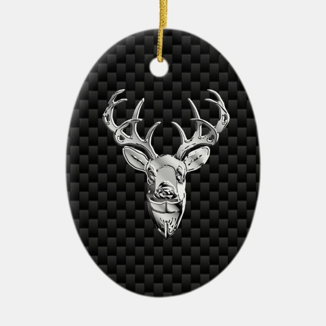 Silver Deer Face on Carbon Fiber Style Print Ceramic Ornament (Front)