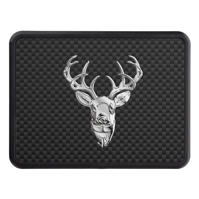 Silver Deer Face on Carbon Fiber Style Print Hitch Cover (Front)