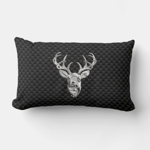 Silver Deer Face on Carbon Fiber Style Print Lumbar Pillow