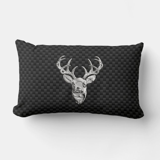 Silver Deer Face on Carbon Fiber Style Print Lumbar Pillow (Front)