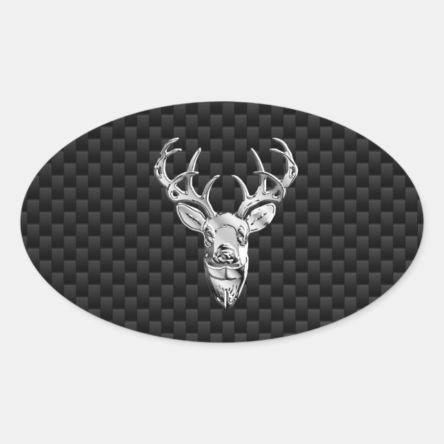 Silver Deer Face on Carbon Fiber Style Print Oval Sticker (Front)