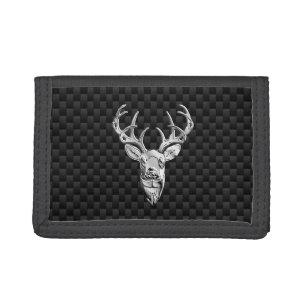 Silver Deer Face on Carbon Fiber Style Print Trifold Wallet