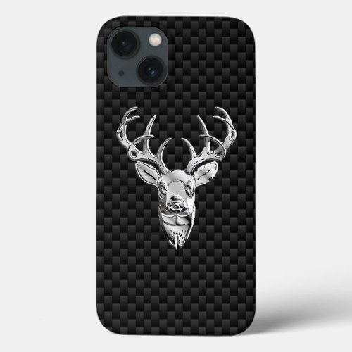 Silver Deer Figure on Carbon Fiber Style Print iPhone 13 Case