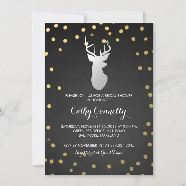 Silver Deer Gold Confetti Chalkboard Bridal Shower Invitation (Front)