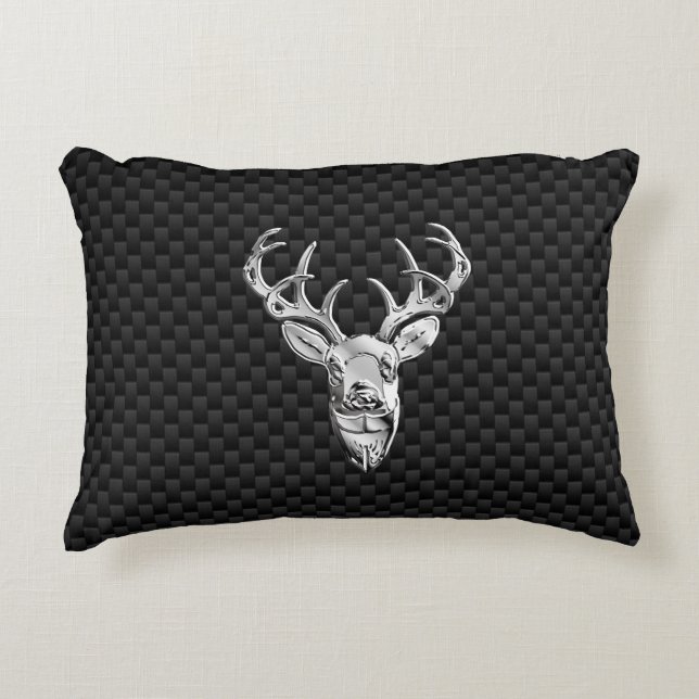 Silver Deer Graphic on Carbon Fiber Style Print Accent Pillow (Front)
