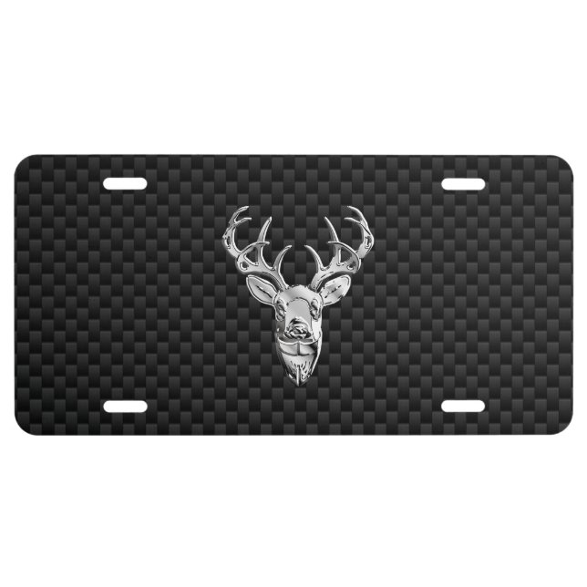 Silver Deer Graphic on Carbon Fiber Style Print License Plate (Front)