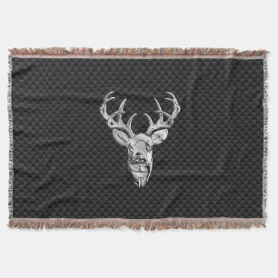Silver Deer Graphic on Carbon Fiber Style Print Throw Blanket