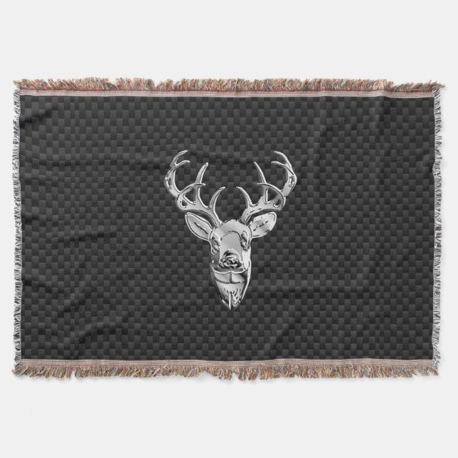 Silver Deer Graphic on Carbon Fiber Style Print Throw Blanket (Front)