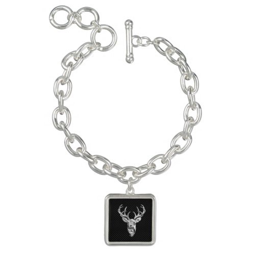 Silver Deer Head in Carbon Fiber Style Charm Bracelet