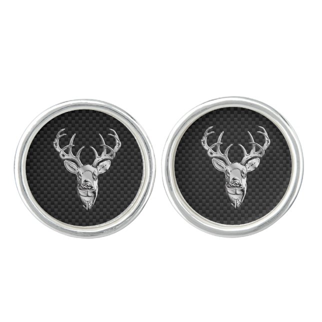 Silver Deer Head in Carbon Fiber Style Cufflinks (Front)