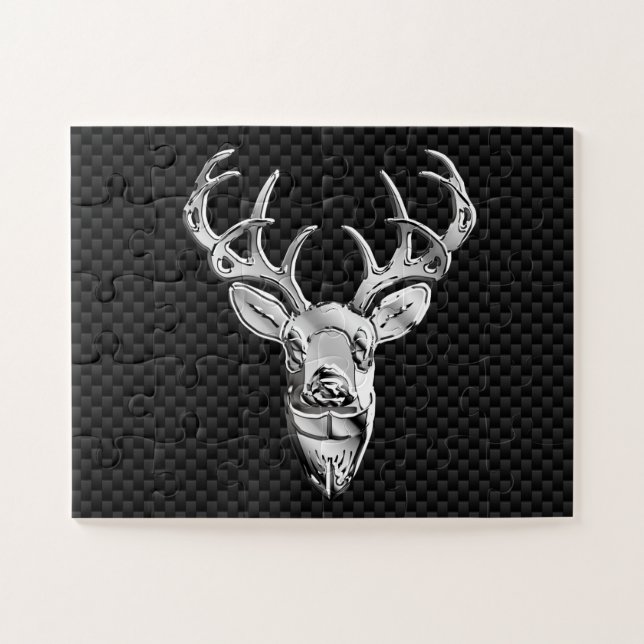 Silver Deer Head in Carbon Fiber Style Jigsaw Puzzle (Horizontal)