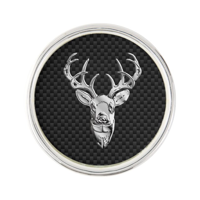 Silver Deer Head in Carbon Fiber Style Lapel Pin (Front)