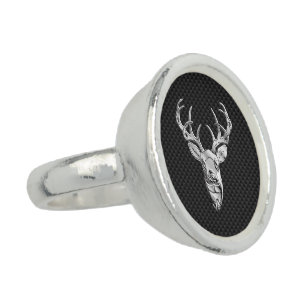 Silver Deer Head in Carbon Fiber Style Ring