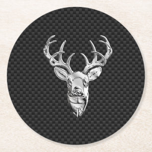 Silver Deer Head in Carbon Fiber Style Round Paper Coaster