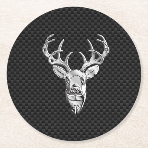 Silver Deer Head in Carbon Fiber Style Round Paper Coaster