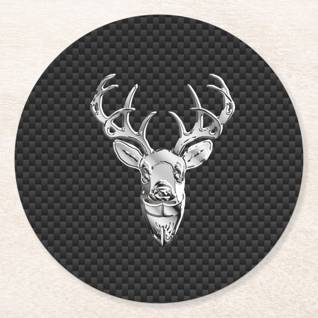 Silver Deer Head in Carbon Fiber Style Round Paper Coaster (Front)