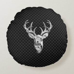 Silver Deer Head in Carbon Fiber Style Round Pillow