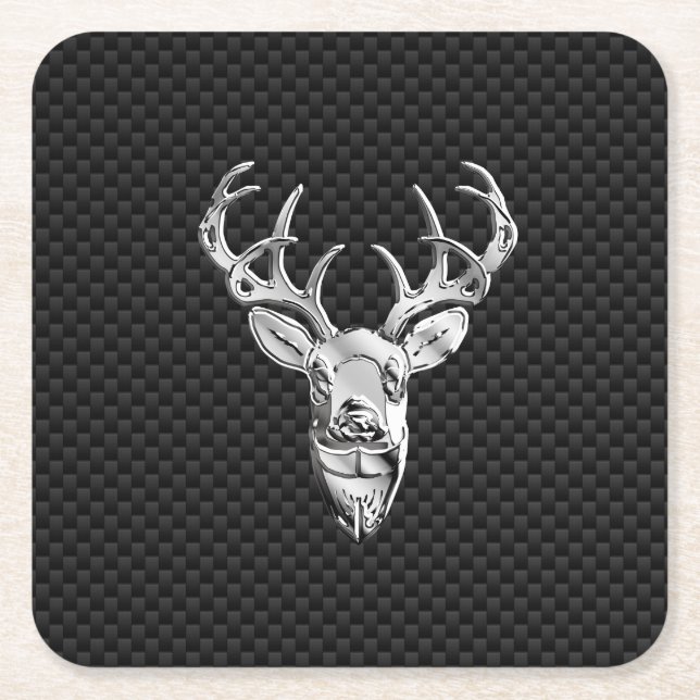 Silver Deer Head in Carbon Fiber Style Square Paper Coaster (Front)
