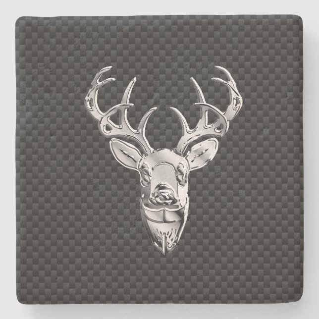 Silver Deer Head in Carbon Fiber Style Stone Coaster (Front)