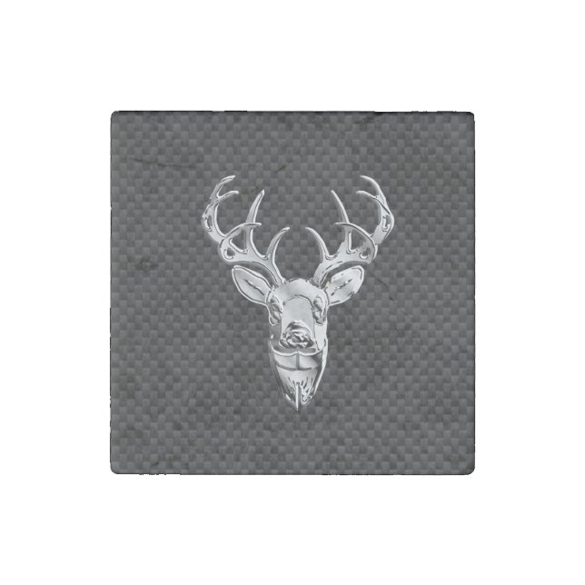 Silver Deer Head in Carbon Fiber Style Stone Magnet (Front)