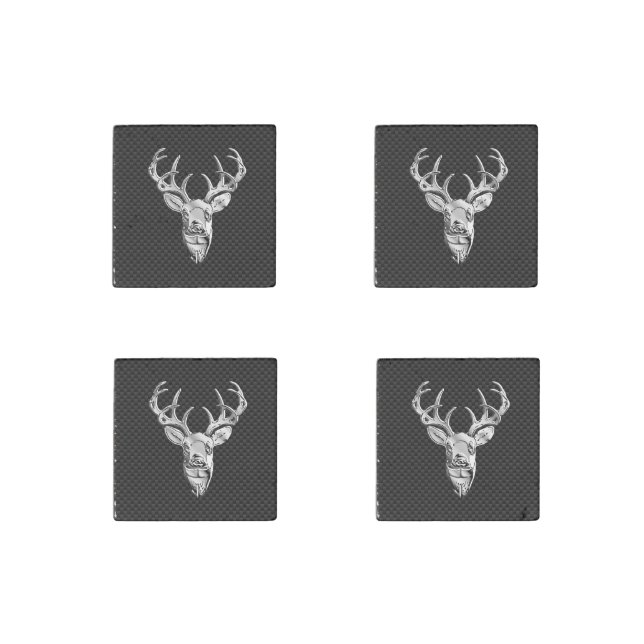Silver Deer Head in Carbon Fiber Style Stone Magnet (Front)