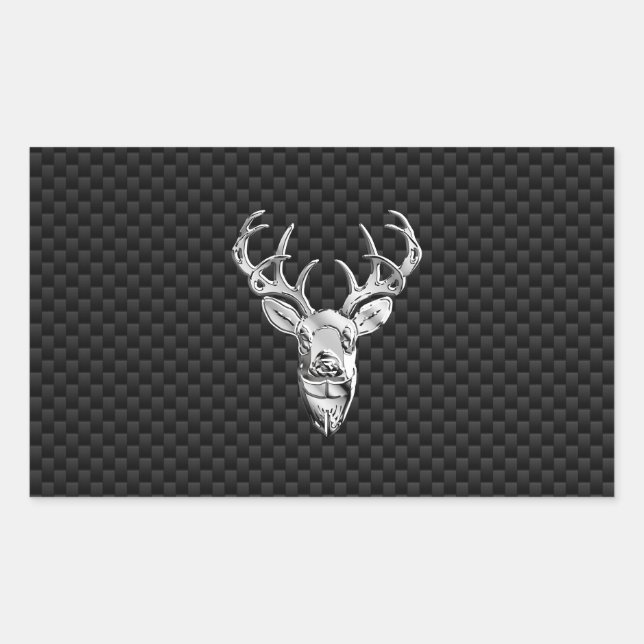 Silver Deer Head on Carbon Fiber Style Decor Rectangular Sticker (Front)