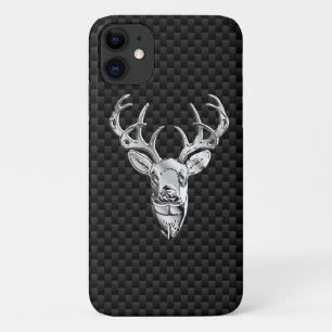 Silver Deer Head on Carbon Fiber Style Print iPhone 11 Case