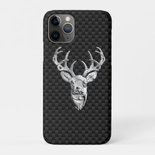Silver Deer Head on Carbon Fiber Style Print iPhone 11 Pro Case