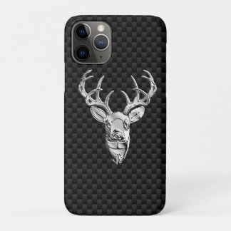 Silver Deer Head on Carbon Fiber Style Print iPhone 11 Pro Case