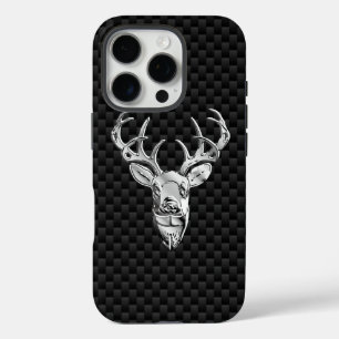 Silver Deer Head on Carbon Fiber Style Print iPhone 16 Pro Case