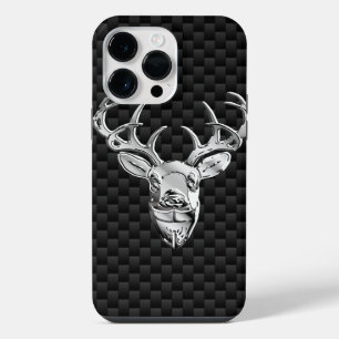 Silver Deer Head on Carbon Fiber Style Print iPhone 14 Pro Max Case