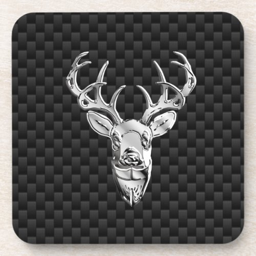 Silver Deer on Black Carbon Fiber Style Print Coaster