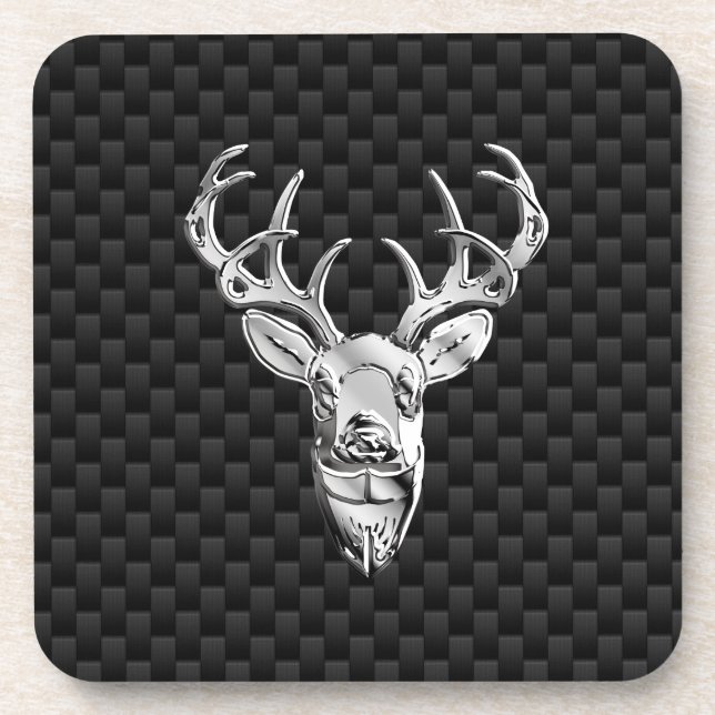 Silver Deer on Black Carbon Fiber Style Print Coaster (Front)