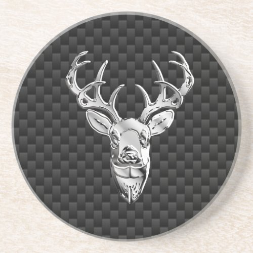 Silver Deer on Black Carbon Fiber Style Print Drink Coaster