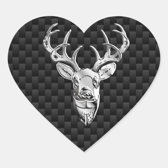 Silver Deer on Black Carbon Fiber Style Print Heart Sticker (Front)
