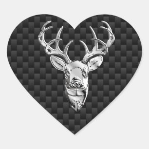 Silver Deer on Black Carbon Fiber Style Print Heart Sticker