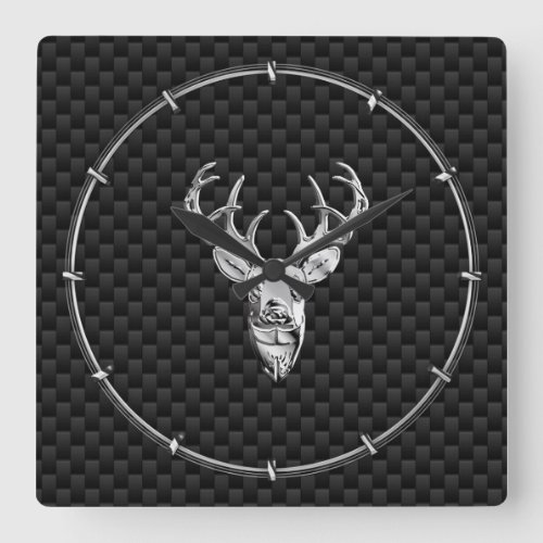 Silver Deer on Black Carbon Fiber Style Print Square Wall Clock