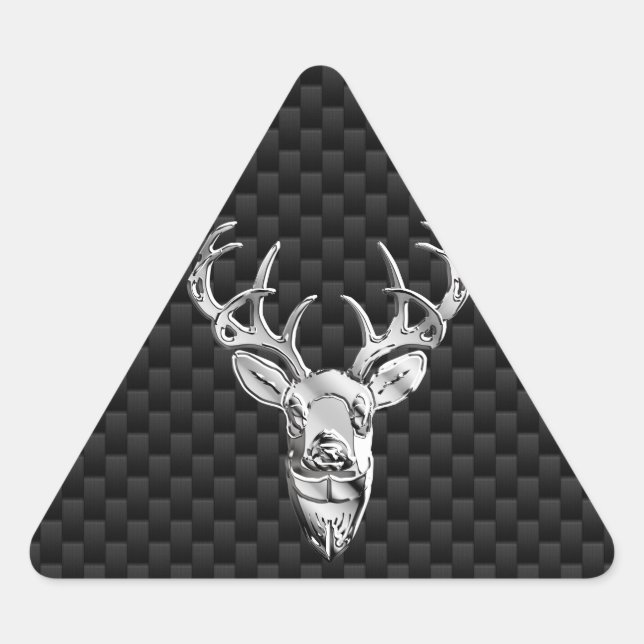 Silver Deer on Black Carbon Fiber Style Print Triangle Sticker (Front)