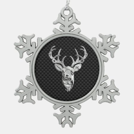 Silver Deer On Carbon Fiber Style Decor Snowflake Pewter Christmas Orn