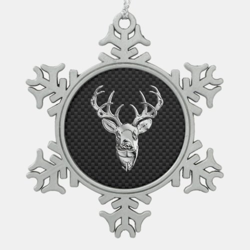 Silver Deer on Carbon Fiber Style Decor Snowflake Pewter Christmas Ornament